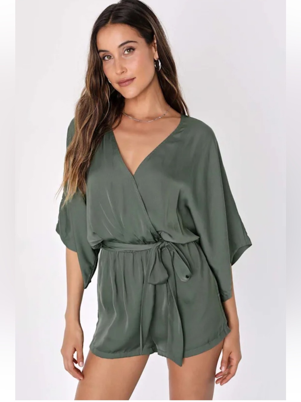 Lulus Ain’t it Grand Olive Green Satin Surplice Romper